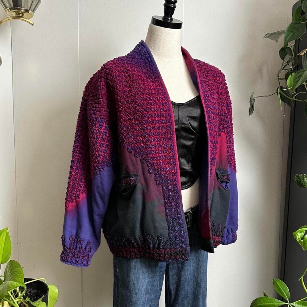 Vintage 80s Hand Dyed Ombre Floral Quilted Textured Open Front Bomber Jacket